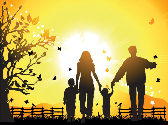Family walking towards the bright light